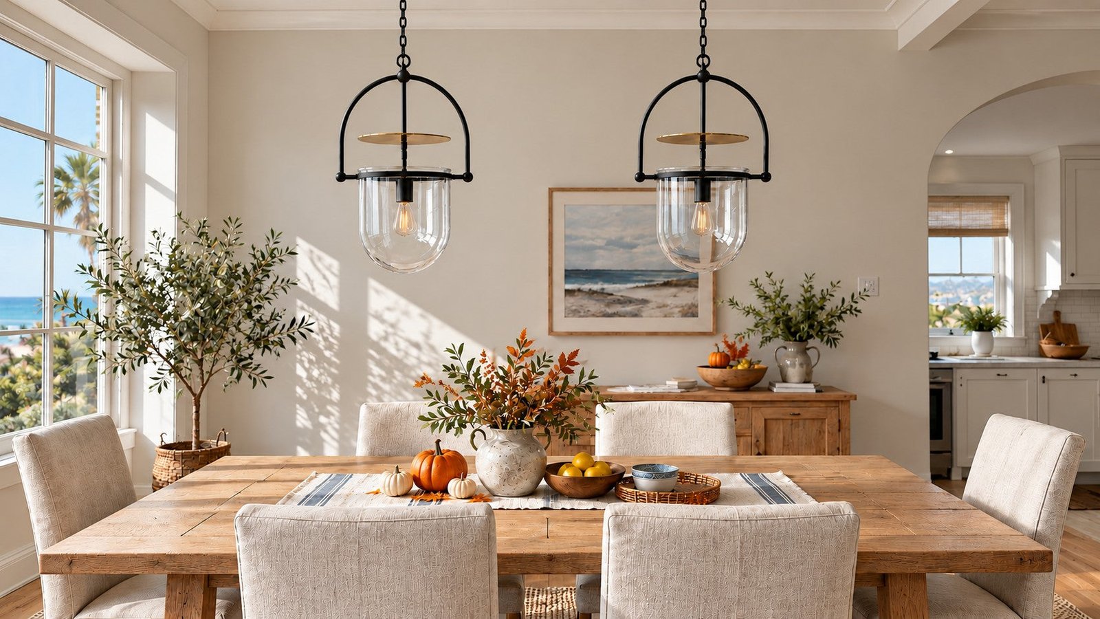 Glass pendant lighting above a dining table